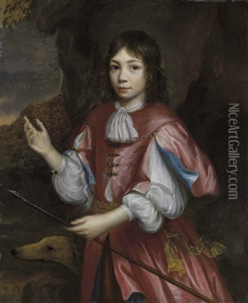 Portrait Of A Boy With A Dog And Spear, Three-quarter-length, A Rocky Landscape Beyond Oil Painting - Martin (Martinus I) Mytens