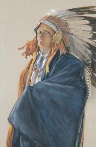 Indian In War Bonnet Oil Painting - Oscar Edmund Berninghaus