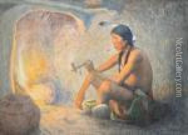 Indian With Pipe By Fireplace Oil Painting - Eanger Irving Couse