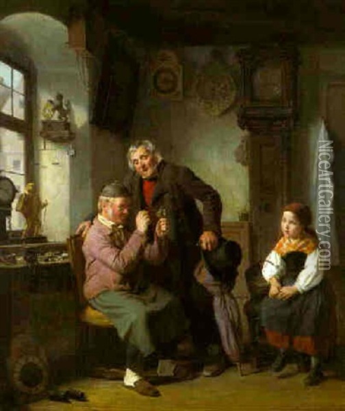 Ein Alter Uhrmacher Untersucht Eine Uhr Oil Painting - Hanno Rhomberg