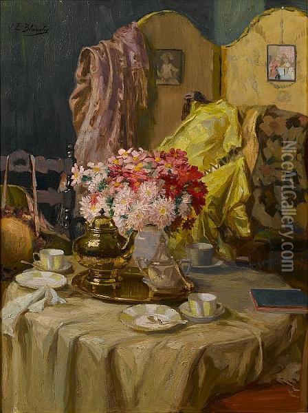 Interior With Flowers And Tea Set Oil Painting - Jacques-Emile Blanche