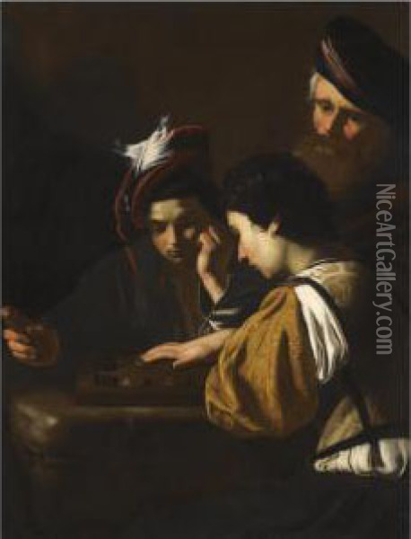 Young Boys Playing Backgammon An Old Man Watching In The Background Oil Painting - Nicolas Tournier