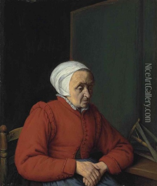 Portrait Of An Elderly Lady In A Red Coat, Seated By A Table With A Flax Winder Oil Painting - Adriaen Jansz van Ostade