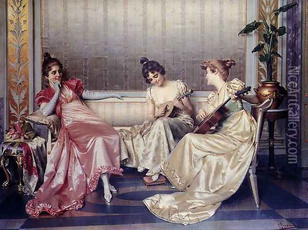 Elegant Figures In An Interior Oil Painting - Vittorio Reggianini
