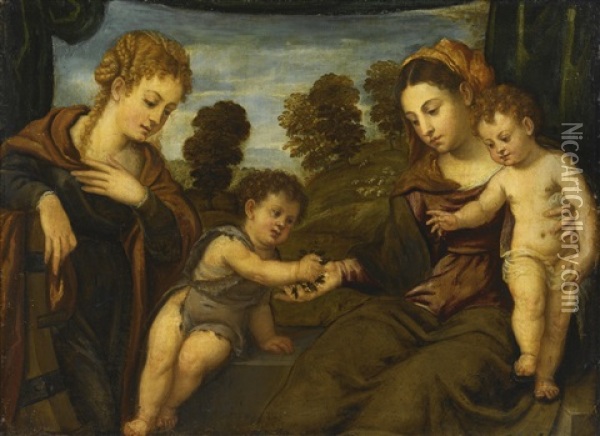 Madonna And Child With Saints Catherine And The Infant John The Baptist Oil Painting - Polidoro da Lanciano