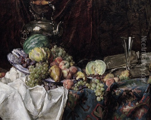 Fruchtestilleben Mit Sektflote, Samowar Und Alten Folianten Oil Painting - Albert Schreyer