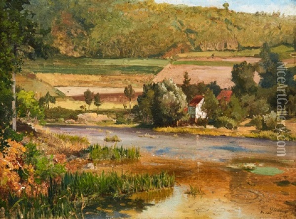 Franskt Sommarlandskap Med By Vid En Flod Oil Painting - Alfred Wahlberg