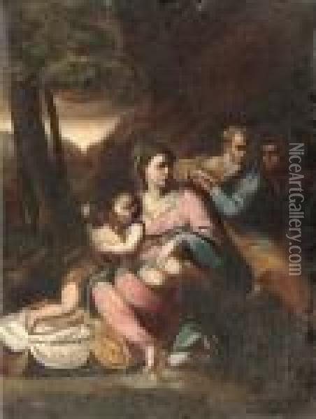 The Holy Family With The Infant Saint John The Baptist And A Monk Oil Painting - Giulio Romano