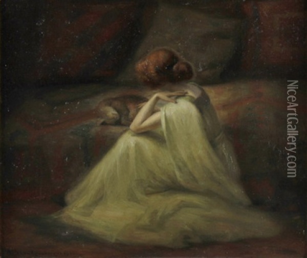 Eine Elegante Dame Streichelt Ihre Katze, Die Neben Ihr Auf Einem Bett Liegt Oil Painting - Paul Rene Schuetzenberger