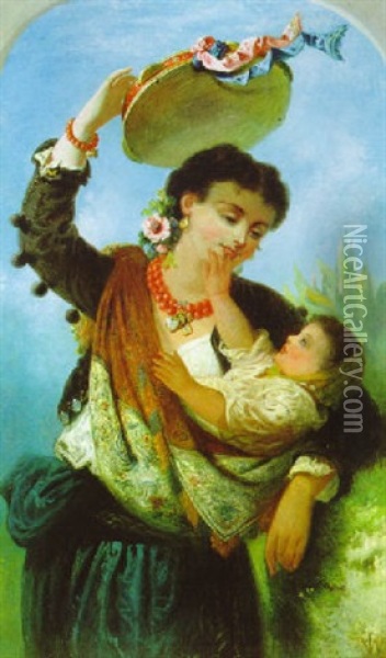 Italienerin Mit Kind Und Tamburin Oil Painting - Henry Williams