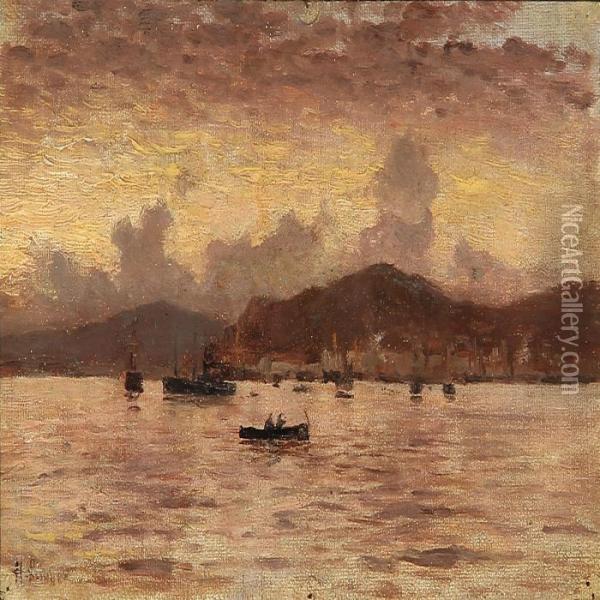 Sunset At Messina Harbour, Italy Oil Painting - Holger Peter Svane Lubbers