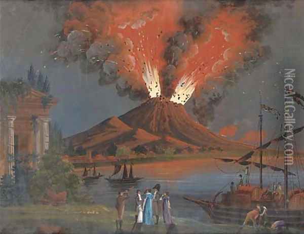 Travellers on the Grand Tour observing the eruption of Vesuvius Oil Painting - Neapolitan School