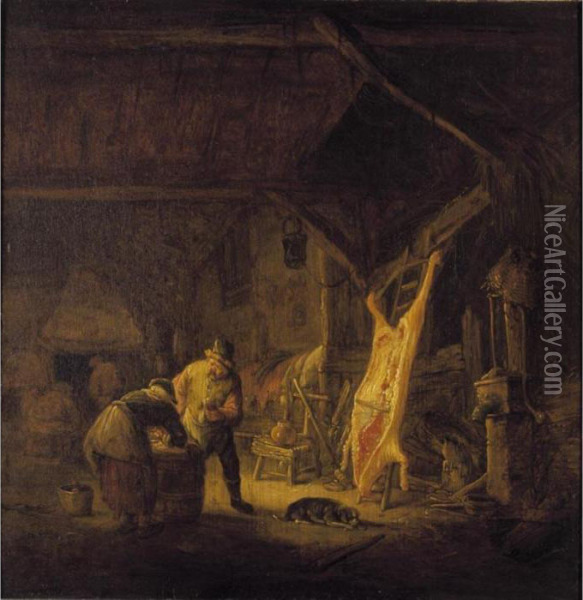 A Barn Interior With Peasants 
Standing Before A Hog Carcass, Other Figures Warming Themselves By A 
Fire Beyond Oil Painting - Isaack Jansz. van Ostade