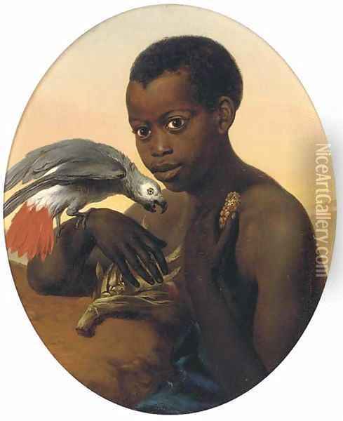 A boy and his African grey Oil Painting - Charles Verlat