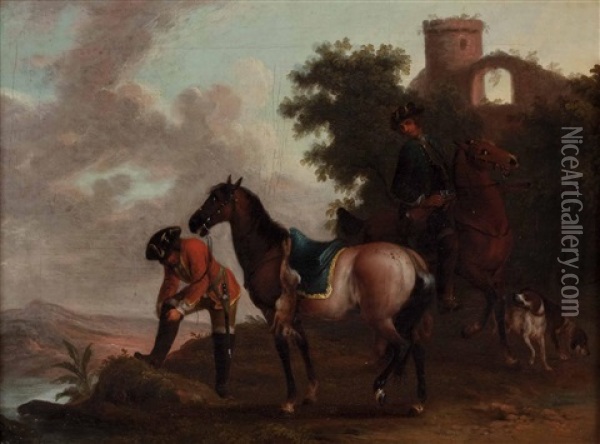 Zwei Jagende Reiter Mit Hunden Vor Burgruine Oil Painting - Wenzel Ignaz Prasch