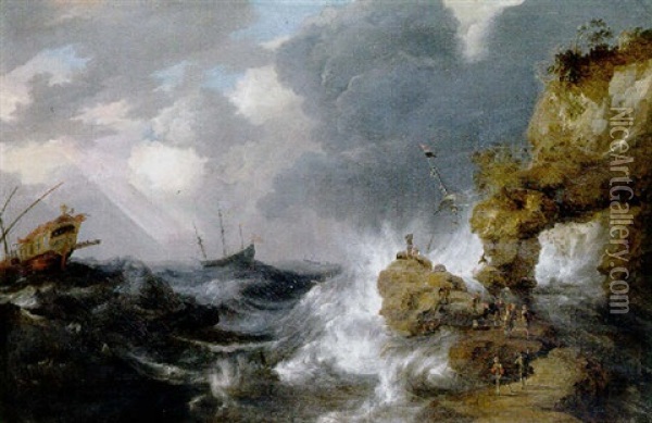 A Whaler Shipwrecked Off A Rocky Coast In Gale, With A Whale Rising In The Sea, Other Shipping And Survivors On An Outcrop In The Foreground Oil Painting - Bonaventura Peeters the Elder