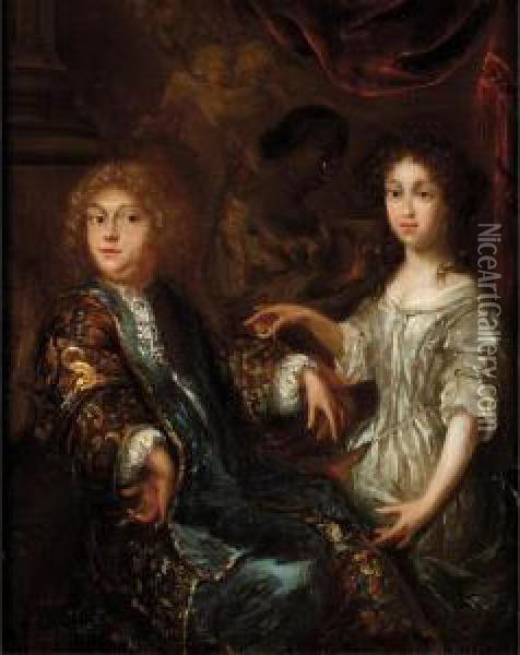 A Portrait Of A Lady And A Gentleman, Three-quarter Length, With A Negro Servant Beyond Oil Painting - Arnold Le Libertin Verbuys