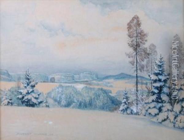 Blick Auf Das Winterliche Elbsandsteingebirge Oil Painting - Albert Kunze