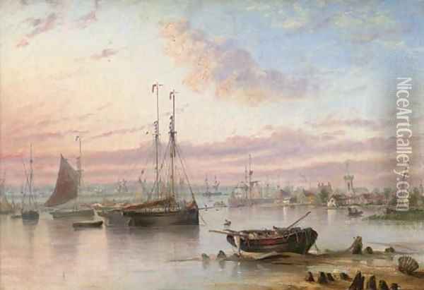 Shipping in the harbour at dusk Oil Painting - Henry Redmore