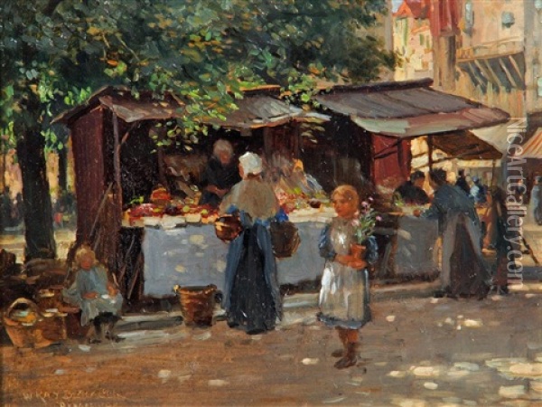 Vegetable Market, Bruges Oil Painting - William Kay Blacklock