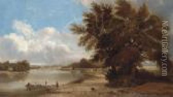 Figures In A River Landscape Oil Painting - Edmund John Niemann, Snr.