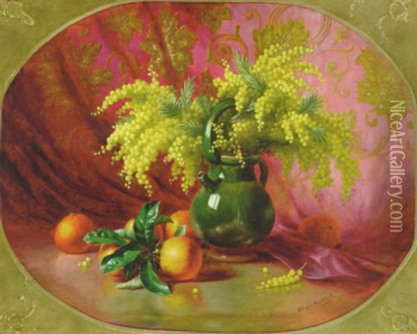 Opstilling Med Orangegren Og Mimoser I En Stentojskande Oil Painting - Edward van Ryswyck