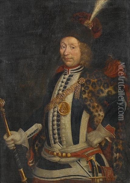 Portrait Of A Nobleman, Three-quarter-length, In Blue And White Costume With A Fur Wrap, A Plumed Hat And A Medallion Depicting King Louis Xiv, And Holding A Marshall's Baton Oil Painting - Stanislas Leszczynski