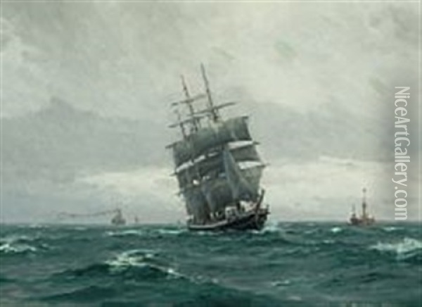 A Three-masted Sailing Ship Passes A Lightship To The Port Oil Painting - Christian Benjamin Olsen