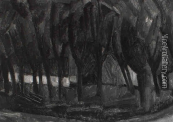 A Farm Behind Trees, Beemster Oil Painting - Leo Gestel