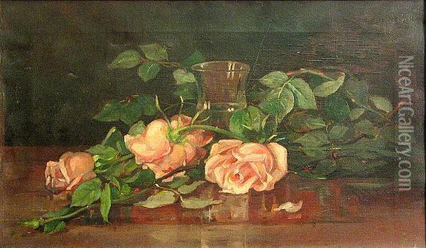Pink Roses And A Glass Vase Oil Painting - Mary Ella Williams Dignam