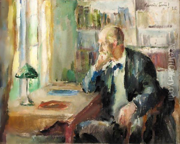 Knut Hamsun I Sitt Arbeidsvarelse (Knut Hamsun In His Study) Oil Painting - Henrik Lund