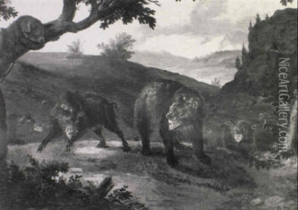 Bears With Wild Boar In A Landscape Oil Painting - Johann Elias Ridinger