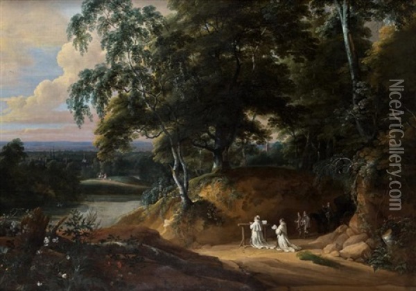 Moines Chartreux En Priere Devant Un Reposoir Dans Un Vaste Paysage Oil Painting - Jacques d' Arthois