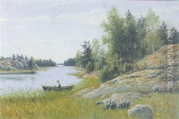 Insjolandskap Med Fiskare I Bat Oil Painting - Peter Adolf Persson