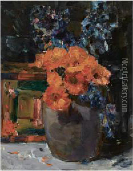 A Still Life With Marigold And Delphinium In A Bowl Oil Painting - Floris Verster