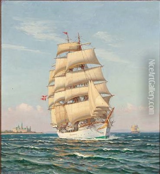 Seascape With The Danish Training Ship Danmark And Kronborg Castle In The Background Oil Painting - Vilhelm Karl Ferdinand Arnesen