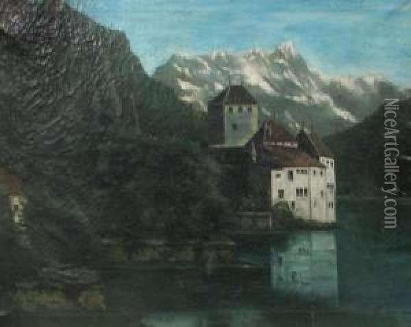 Castle Atthe Water Border Oil Painting - Jozsef Molnar