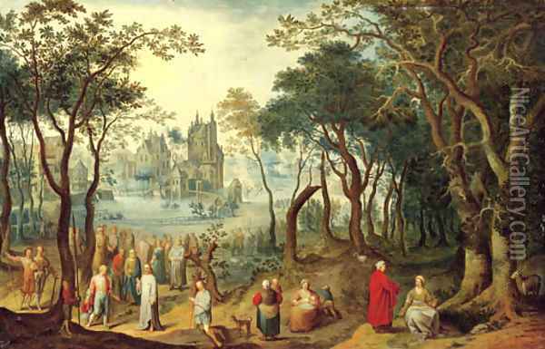 A wooded river landscape with Christ and the Young Ruler, a village beyond Oil Painting - Balthasar Beschey