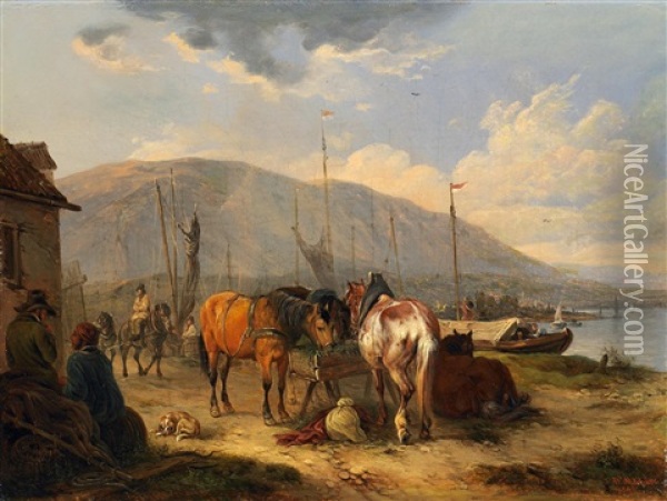 Treidelpferde Am Ufer Oil Painting - Wilhelm Melchior