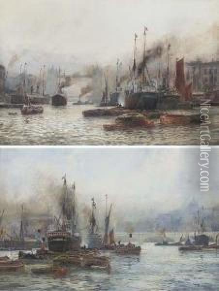 The Pool Of London; And London Bridge (both Illustrated) Oil Painting - William Harrison Scarborough