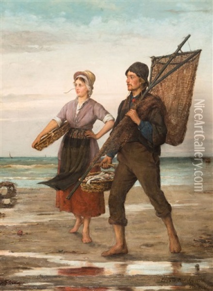 A Fisherman And A Fisherwoman On A Beach Oil Painting - Edward Antoon Portielje
