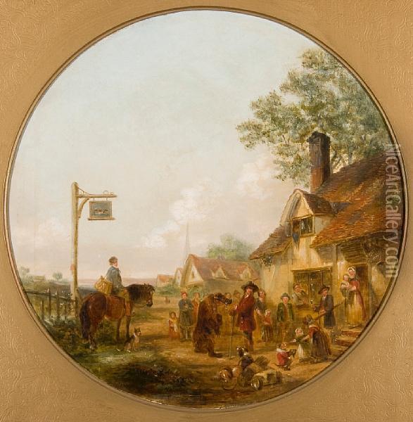 Figures, Entertainers, A Monkey And A Bearoutside A Hostelry Oil Painting - Thomas Smythe