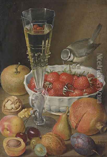 A facon de venise, a bowl of strawberries Oil Painting - Georg Flegel
