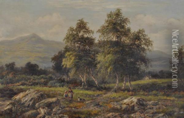 Extensive Welsh Landscape With Figures And Dog Oil Painting - Albert E. Gyngell