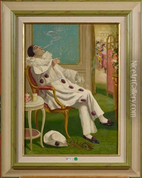 Pierrot A La Cigarette Oil Painting - Henri Lemaire