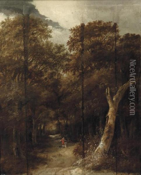 A Wooded Landscape With Figures On A Track Oil Painting - Roelof van Vries