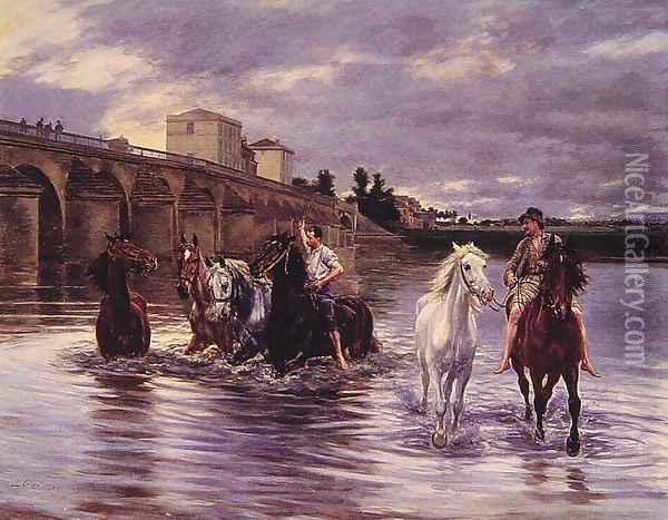 Crossing the River Oil Painting - Lucien Alphonse Gros