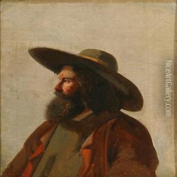 Portrait Of Abearded Man With A Hat Oil Painting - Christian Andreas Schleisner