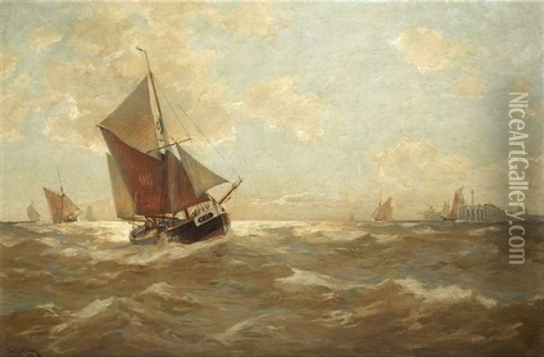 Segelboote In Bewegter See Bei Der Anfahrt An Einen Landungssteg Oil Painting - Erwin Carl Wilhelm Guenther