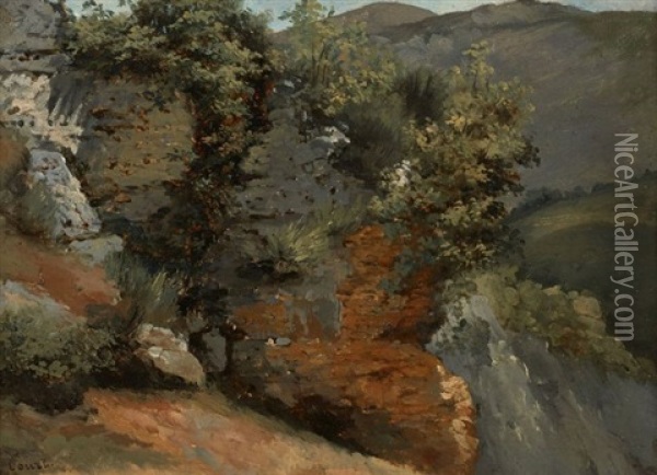 Etude De Vegetation Dans Un Paysage Rocheux Oil Painting - Joseph Desire Court